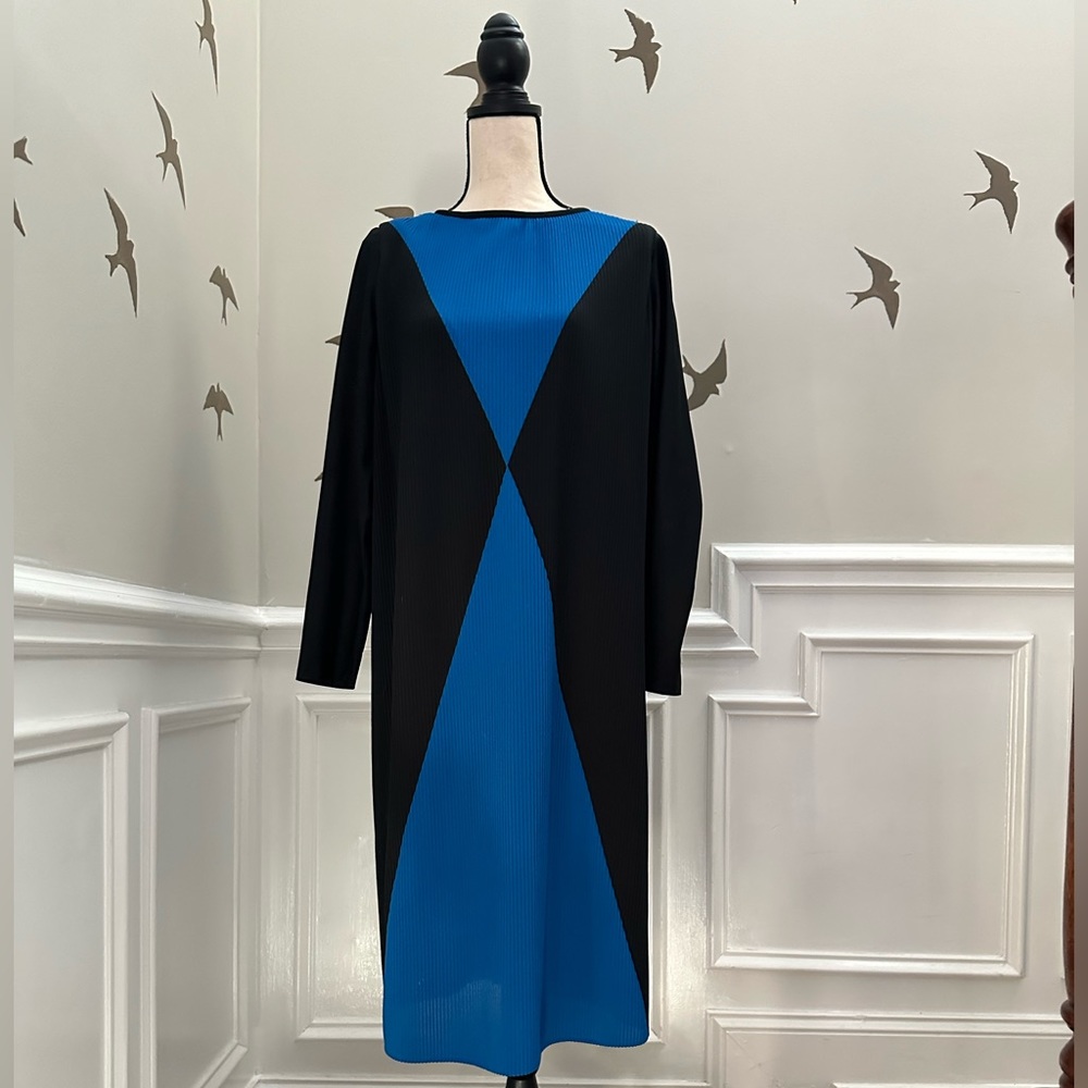 Vintage Geometric Accordion Pleated Polyester A-Line Colorblock Shift Dress (L)